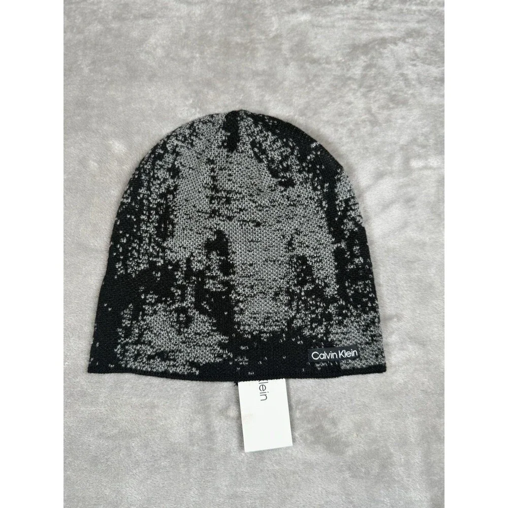 Calvin Klein Beanie Hat Black Gray Knit Logo Winter Acrylic Unisex